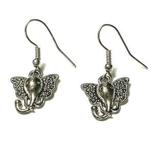 Elephant Head Earrings Silver Tone Big Ears Dangle Bali Style Good Luck Trunk Up